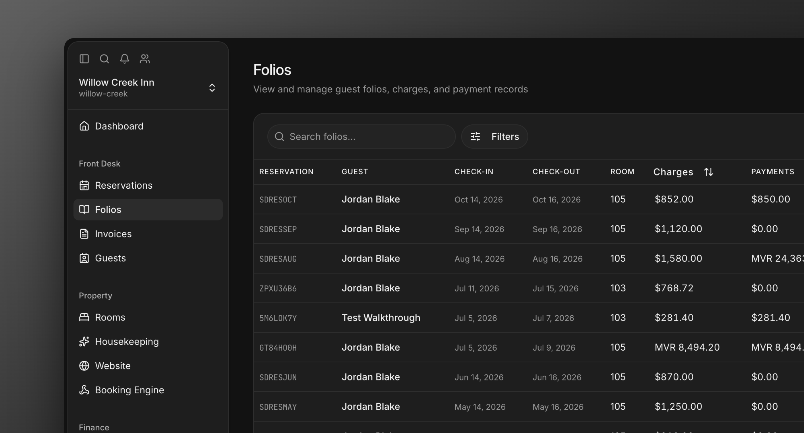 The Folios page listing guest folios with balances and statuses