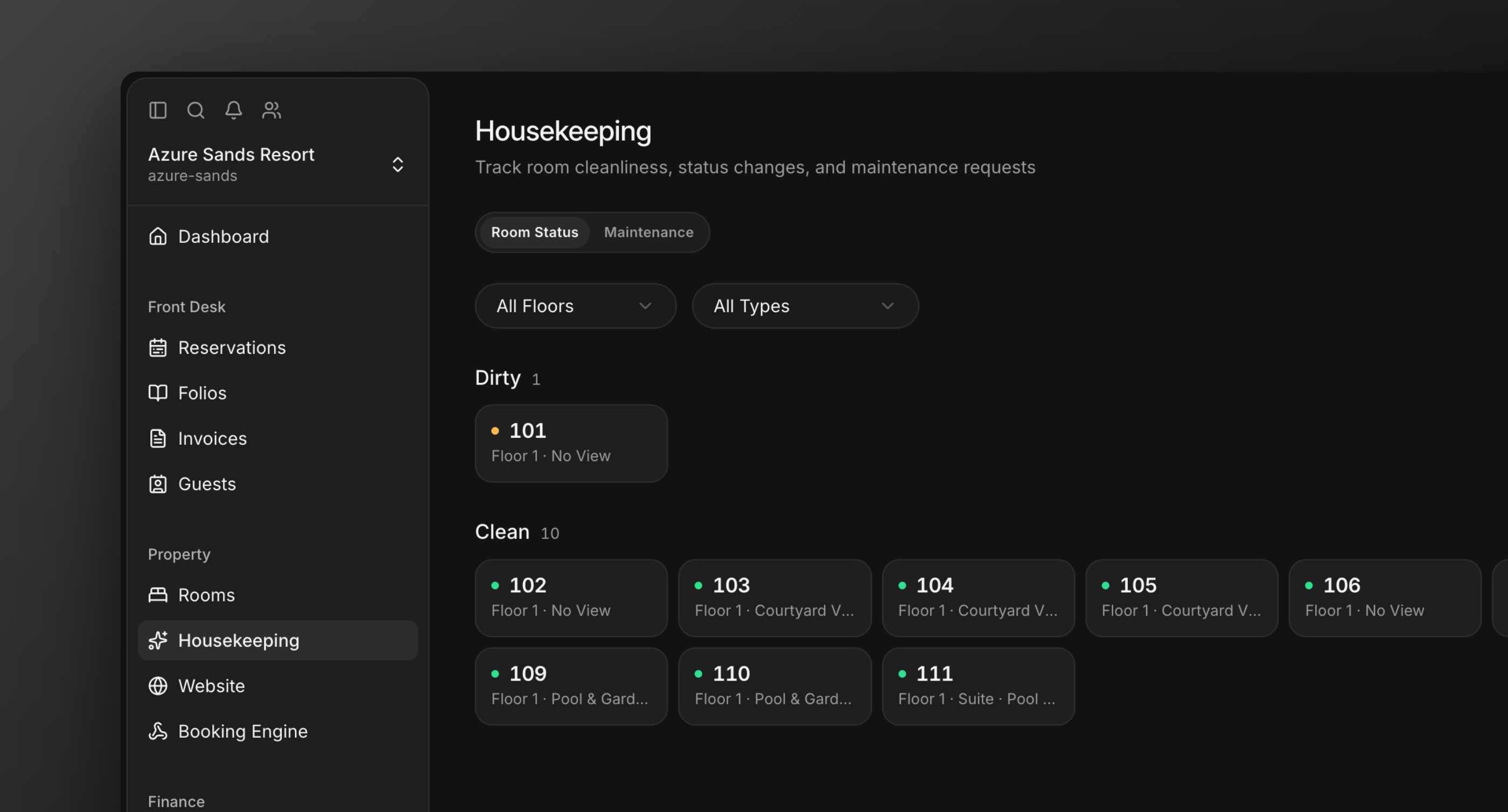 The housekeeping Room Status Board grouping rooms by cleanliness state