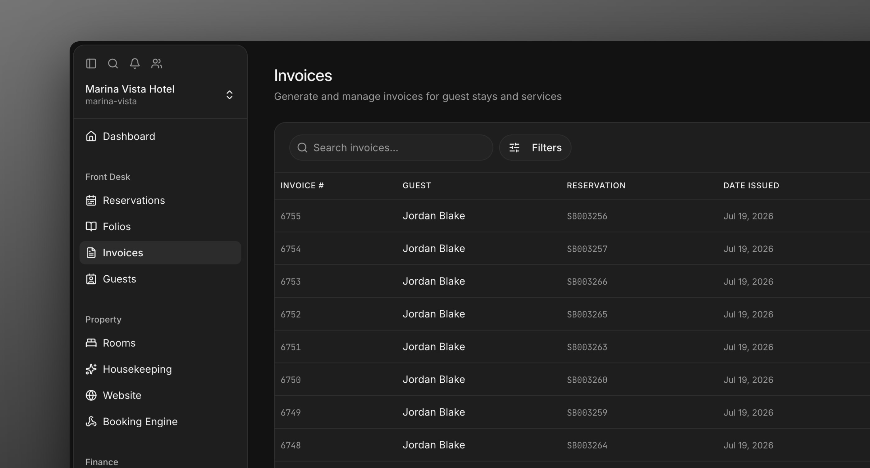 The Invoices page listing issued invoices