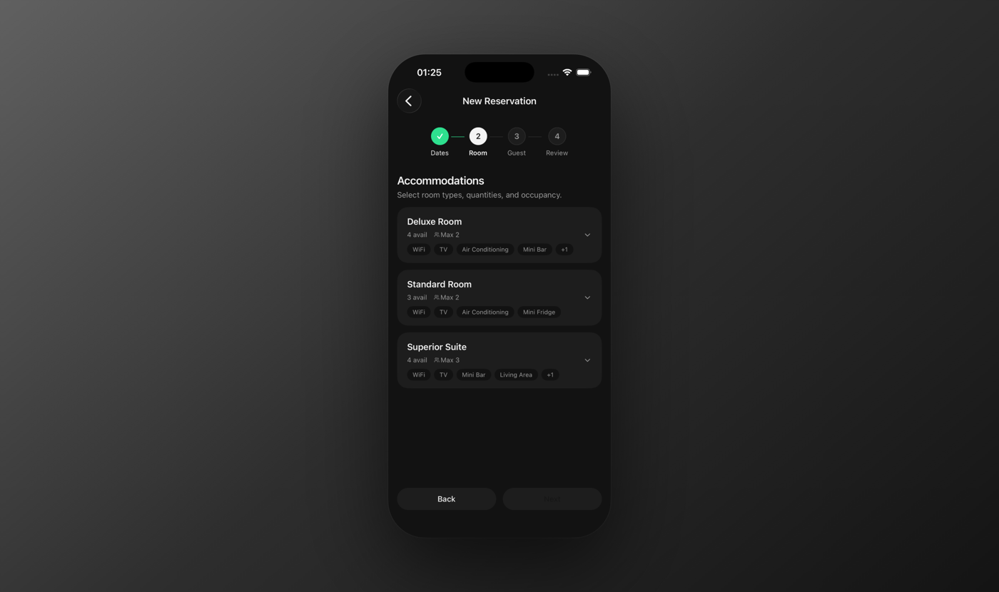 The mobile new-reservation wizard on the room-selection step