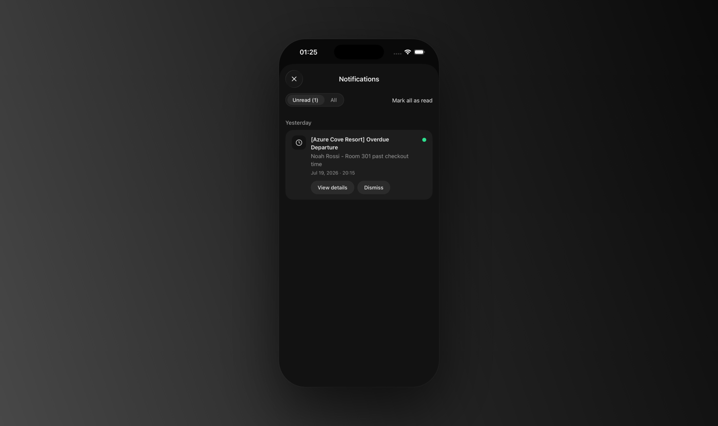 The mobile notifications screen with an overdue-departure alert