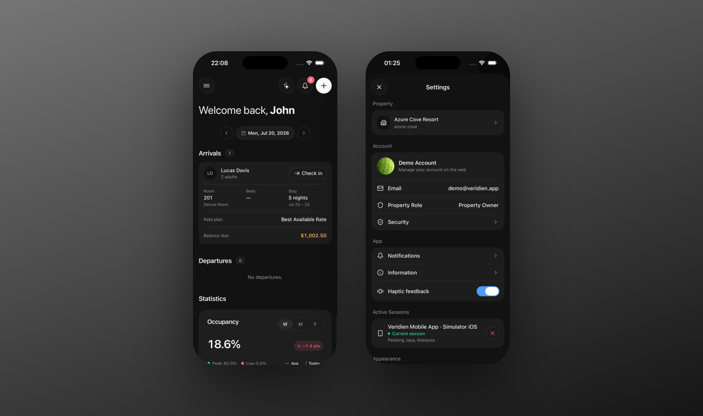 The Veridien mobile dashboard and settings screens