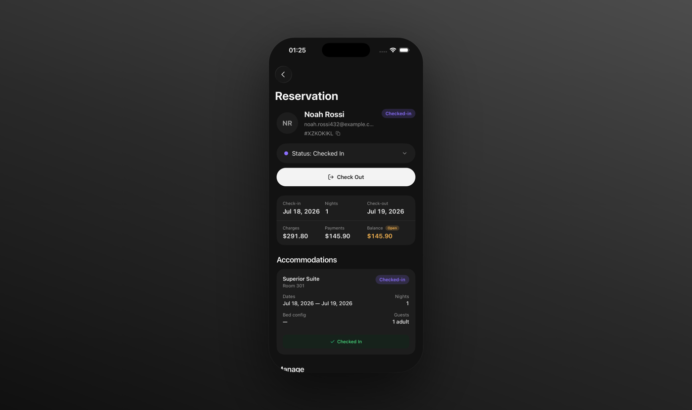 A mobile reservation detail screen for a checked-in guest