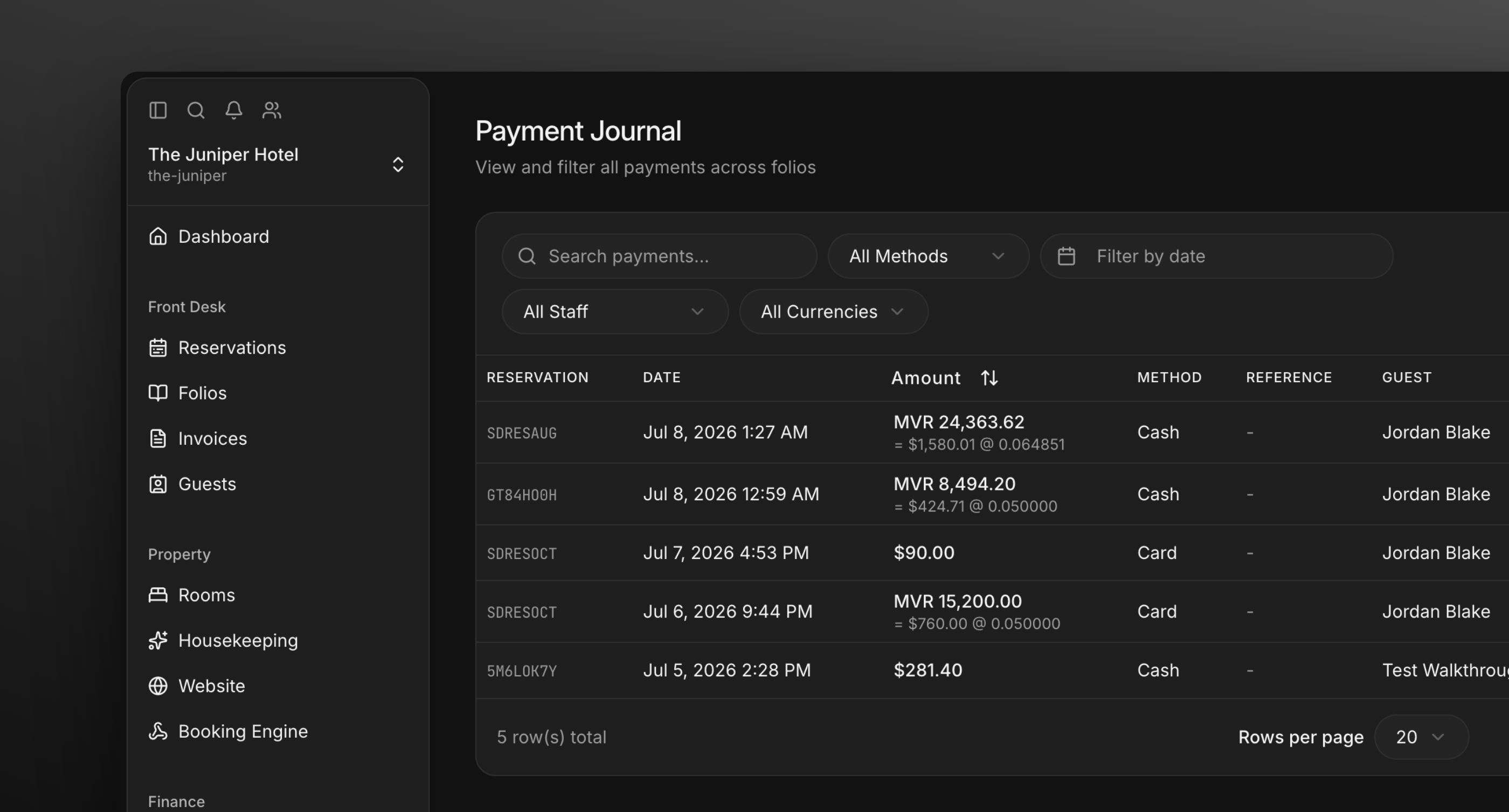 The Payment Journal listing recorded payments with method, reference, guest, and folio