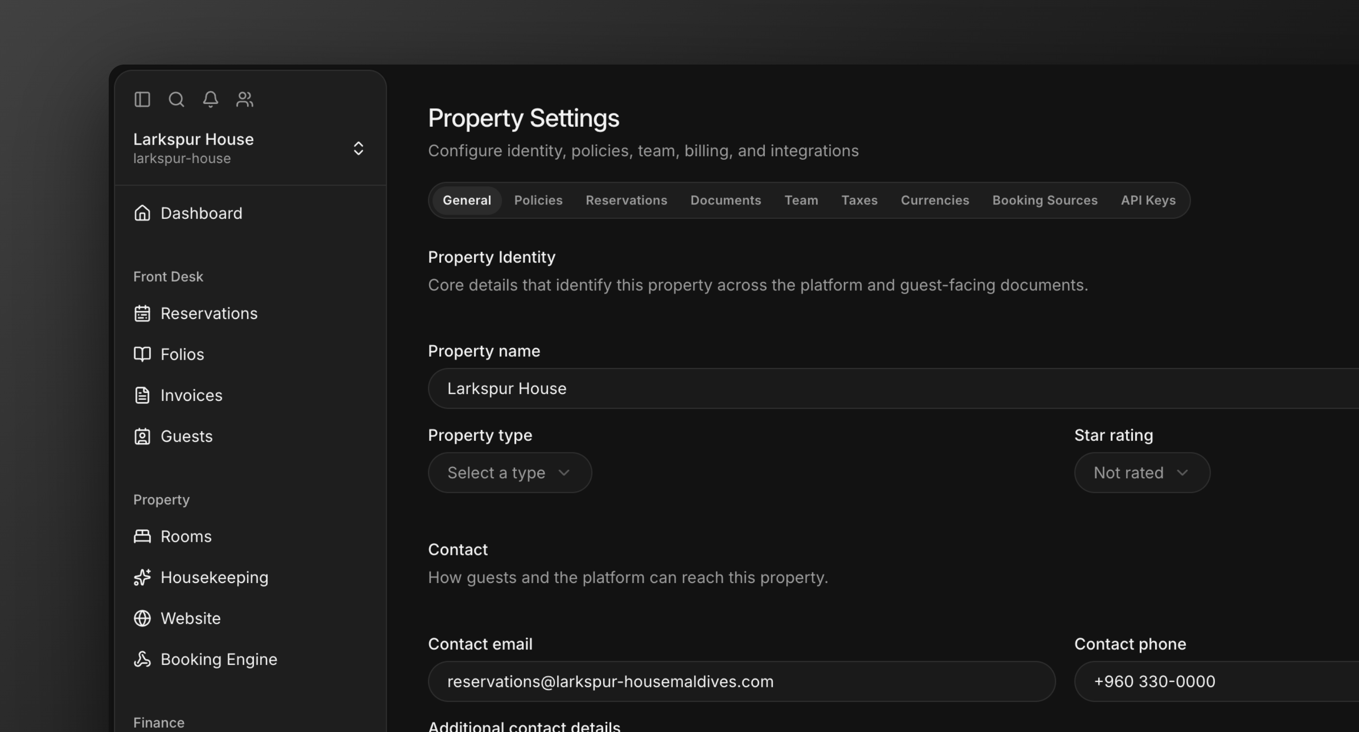 The Property Settings general tab with property information fields