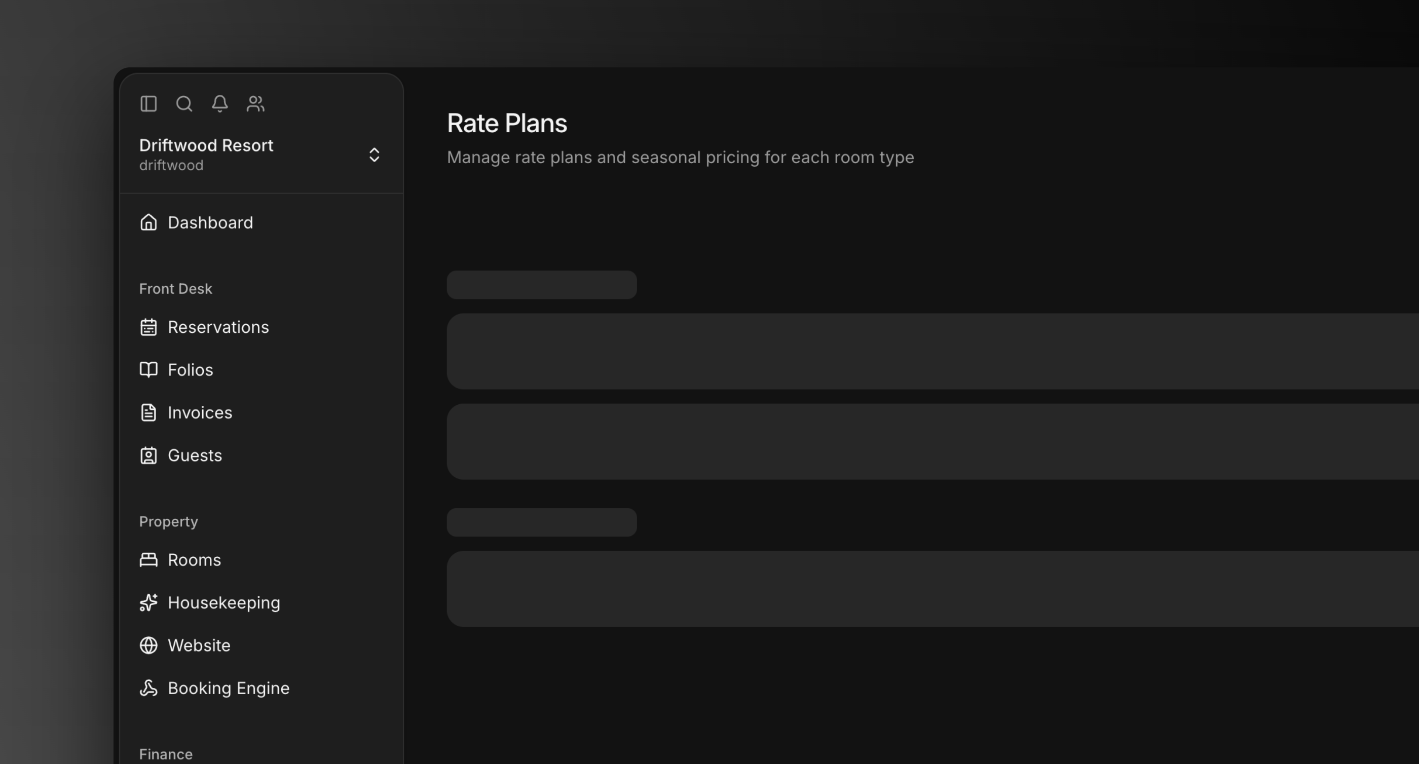 The Rate Plans page with seasonal rate cards per room type