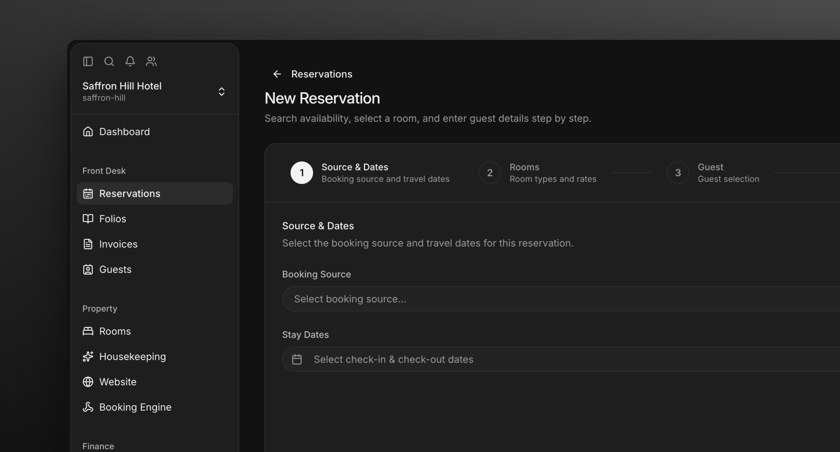 Step one of the reservation wizard: booking source and dates