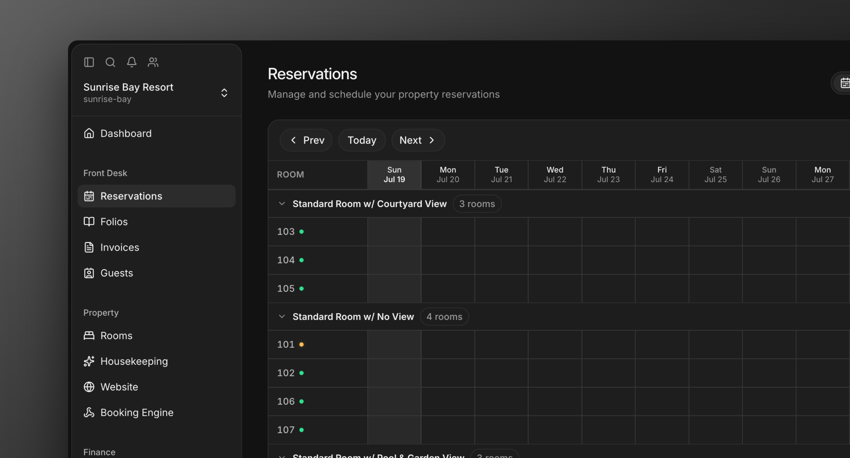 The reservations calendar showing rooms and availability across two weeks