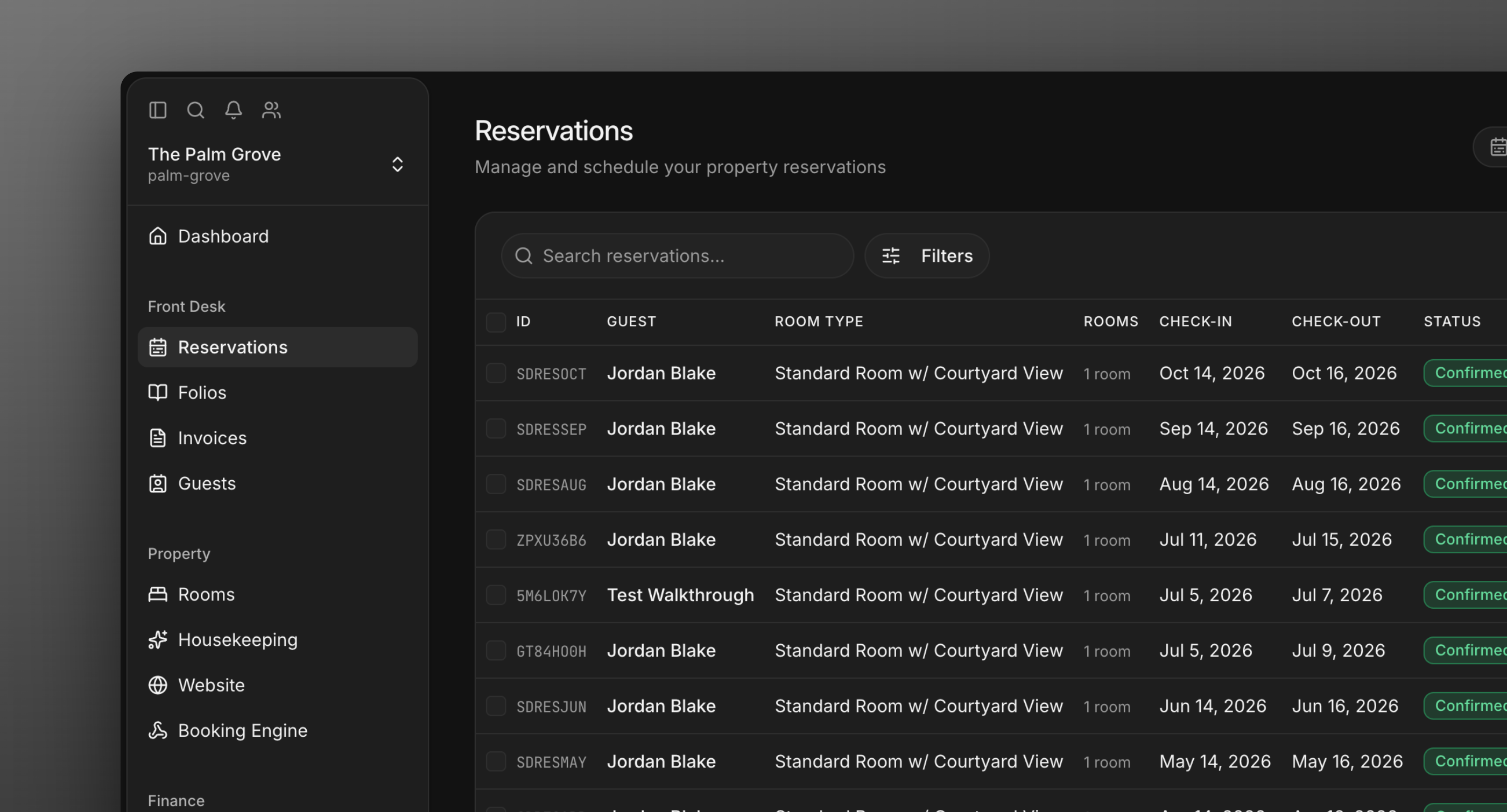 The reservations list view where arrivals are checked in