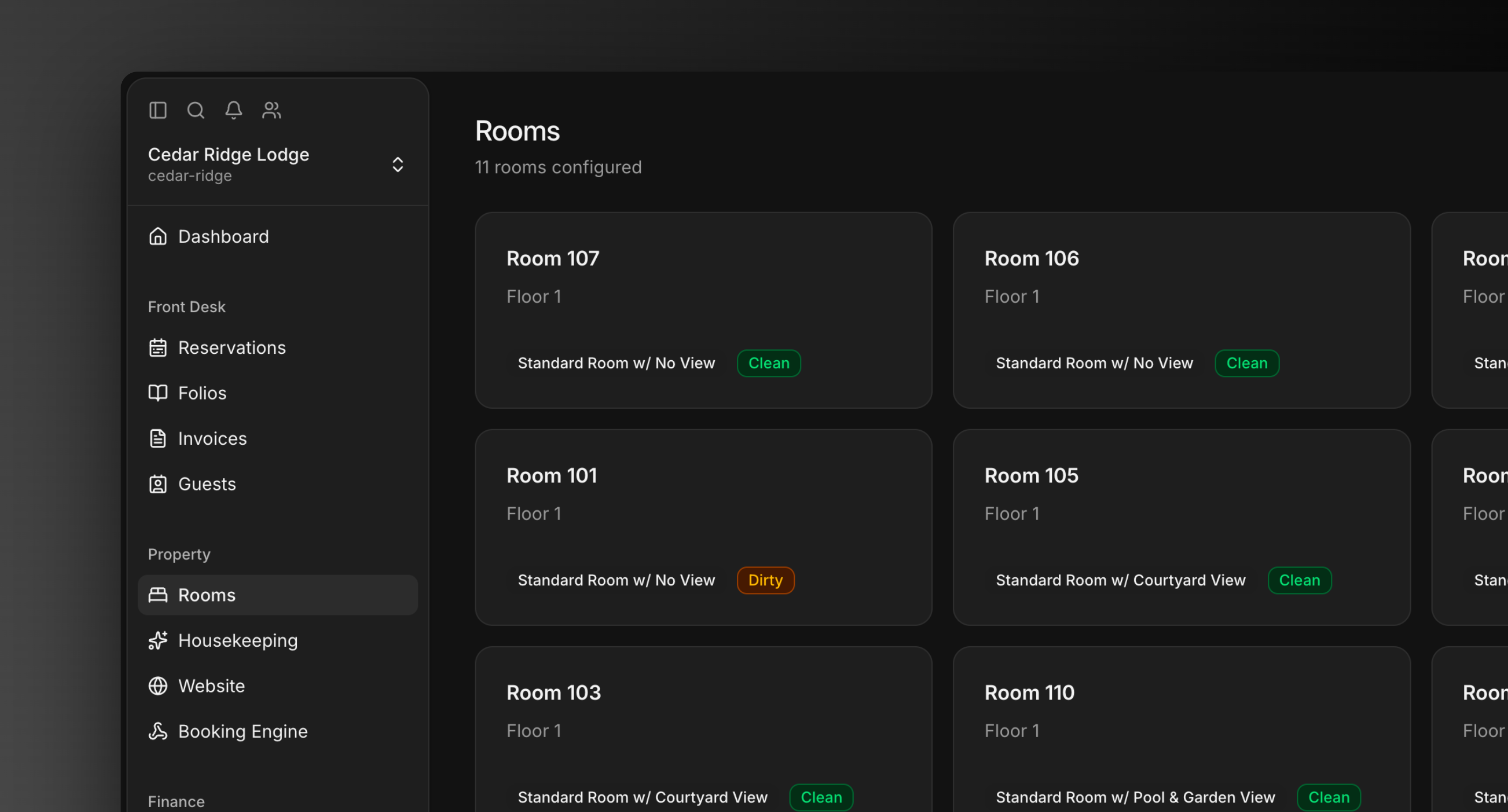 The Rooms page listing every room with its type, floor, and cleanliness status
