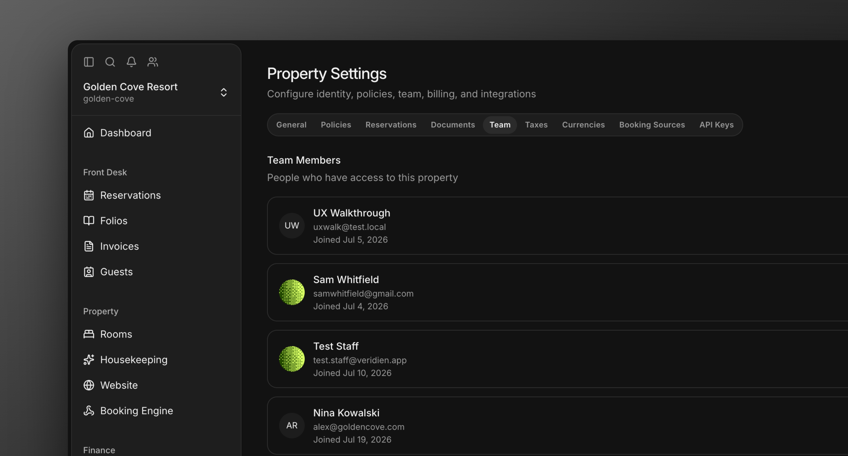 The Team page listing members with their roles
